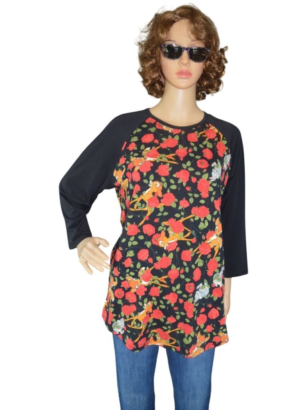 LuLaRoe X Disney Bambi Rose Print Randy Raglan T Shirt Women's Size L Black Red